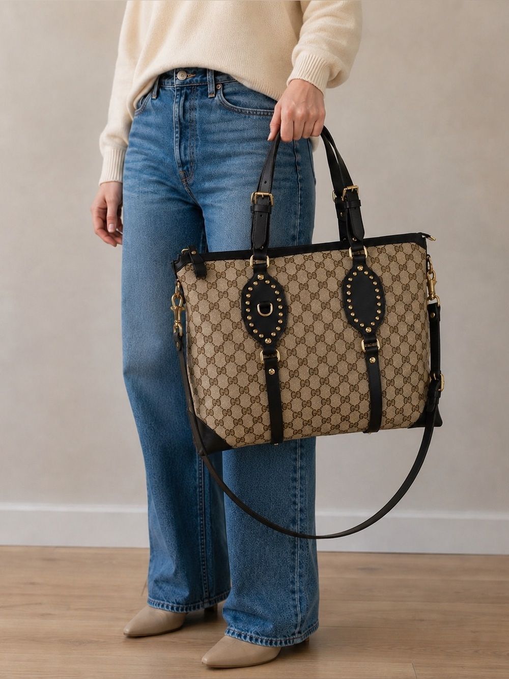 Gucci  GG Supreme Canvas Studded Patti Tote with Leather Trim